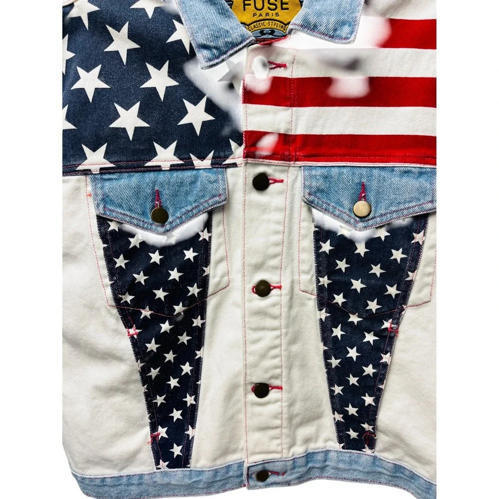 Fuse Paris M Denim Bomber Jacket USA Flag‎ Stars Stripes Trucker Moto VTG Unisex